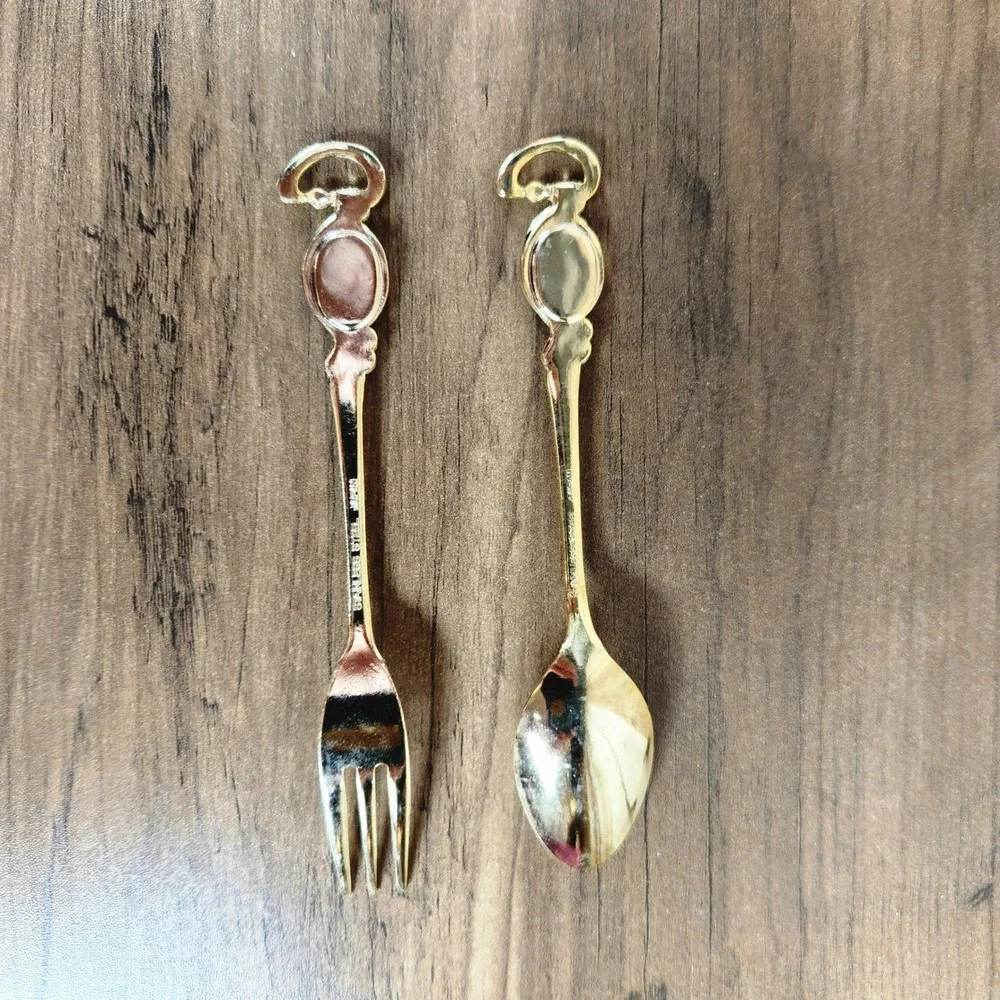 Vintage Gold Tone Rose Appetizer Fork and Spoon Set Stainless Steel Japan
